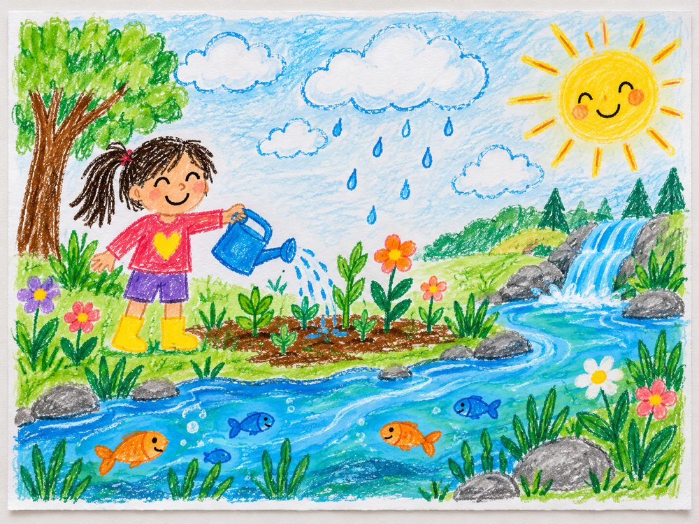 水やりをする女の子と川を描いたクレヨン画の見本